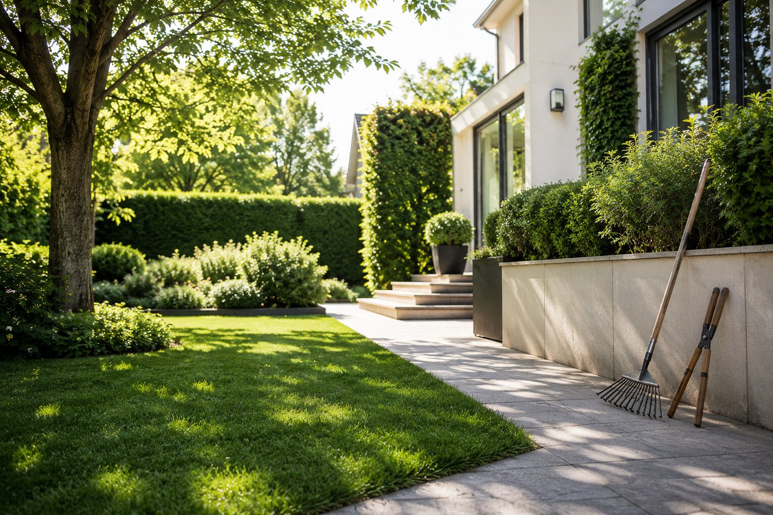 Gepflegter Garten mit Rasen, Hecke und Terrasse an einem modernen Haus